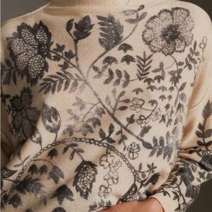 Anthropologie Cream and Black Floral Turtleneck Sweater